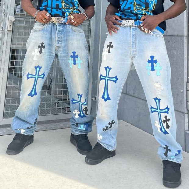 Personality Cross Print Denim Trousers