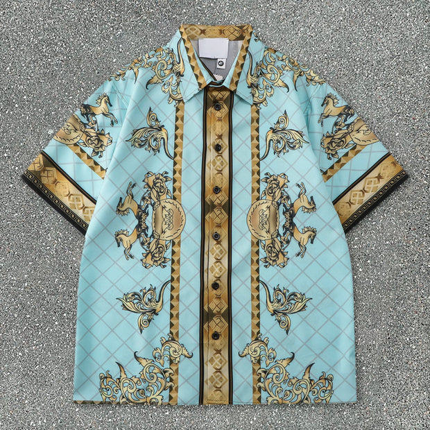 Beach Casual Retro Palace Print Loose Shorts Short Sleeve Suit
