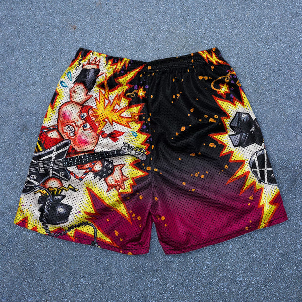 Fashion cartoon flame pattern mesh shorts