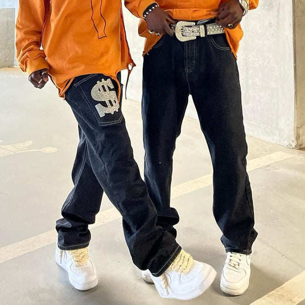 Letter Money Symbol Print Denim Trousers