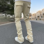Pure color street shooting split design trousers casual overalls
