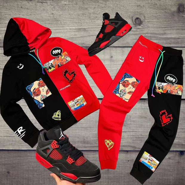 Patchwork design casual street home suit