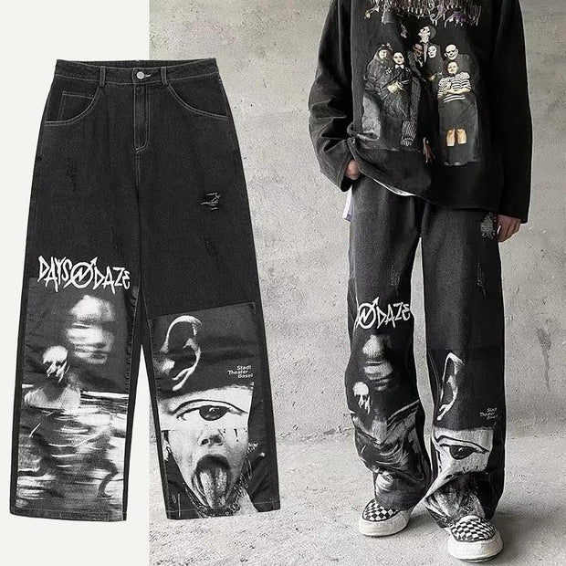 Dark vintage abstract denim trousers