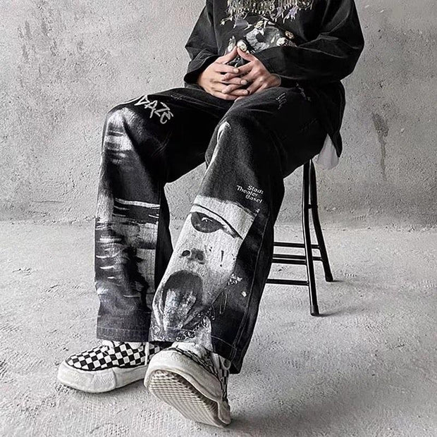 Dark vintage abstract denim trousers