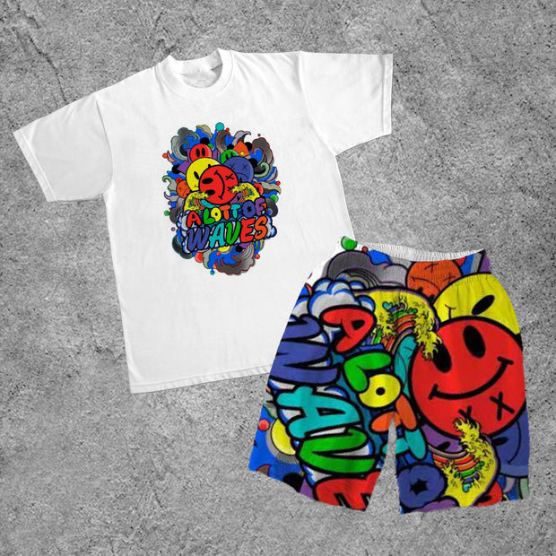 Street Fashion Hippie Print Short Sleeve Two Piece