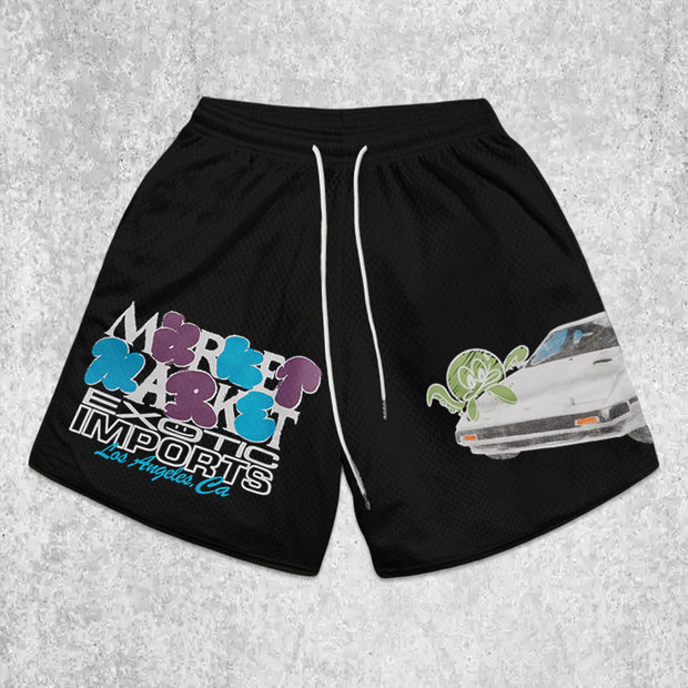 car-pattern mesh shorts