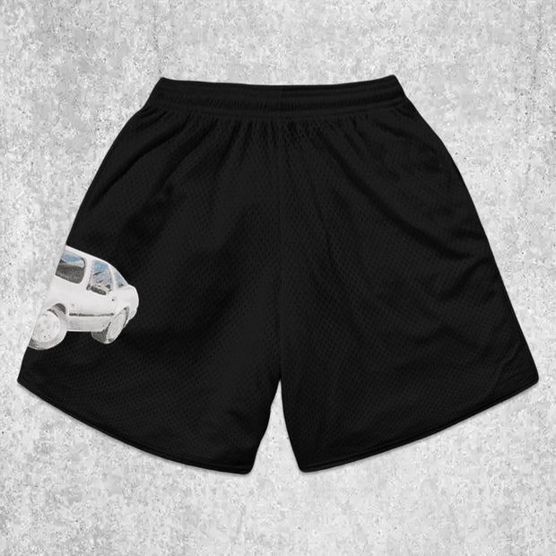 car-pattern mesh shorts