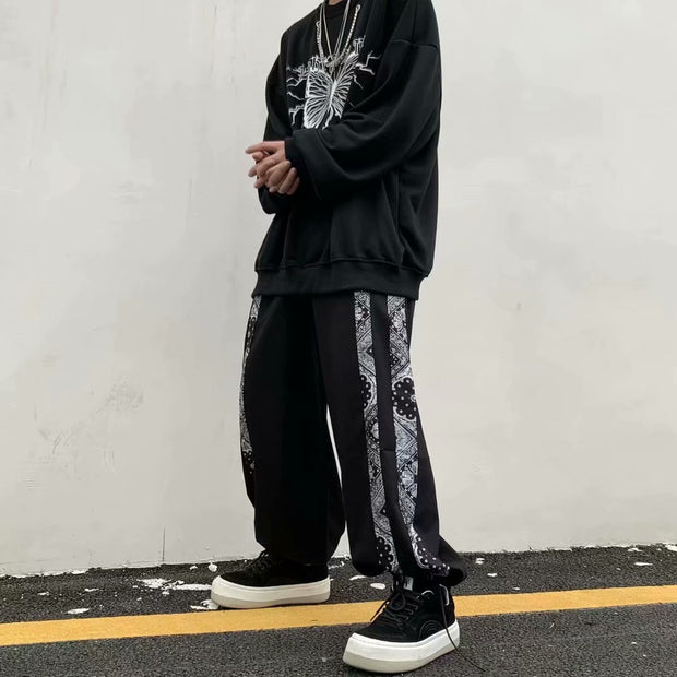 Street retro side cashew flower striped sports casual trousers