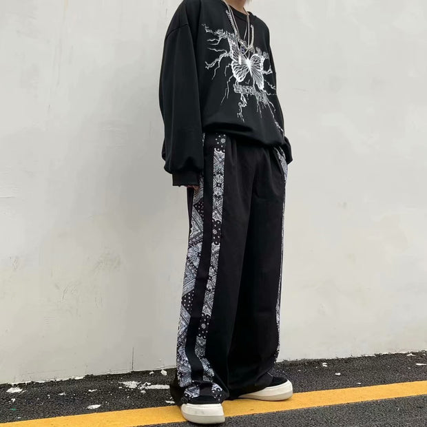 Street retro side cashew flower striped sports casual trousers