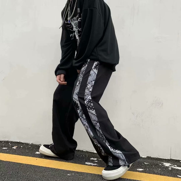 Street retro side cashew flower striped sports casual trousers