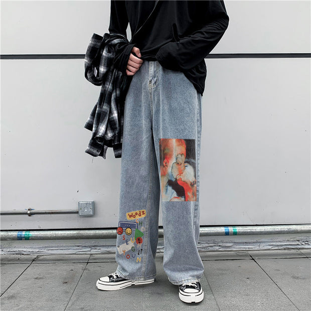 Street hip-hop graffiti print casual trousers jeans