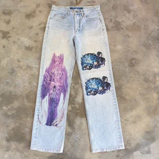 Retro street style hip-hop print denim trousers