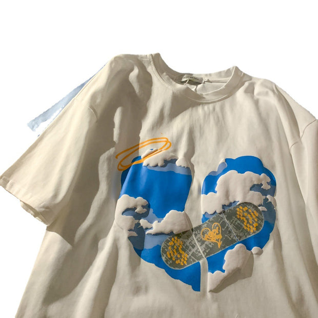 PeterWoo Save the Earth Loose Bubble Craft Short Sleeve T-shirt Street Top