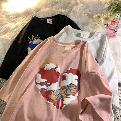 PeterWoo Save the Earth Loose Bubble Craft Short Sleeve T-shirt Street Top