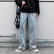 Butterfly print street denim trousers