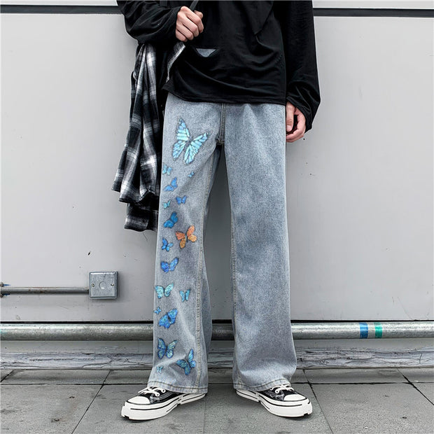Butterfly print street denim trousers