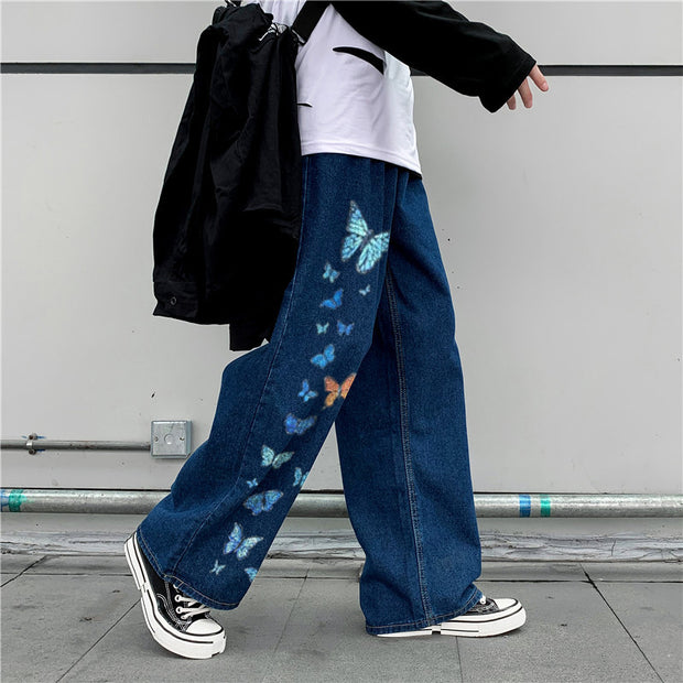 Butterfly print street denim trousers