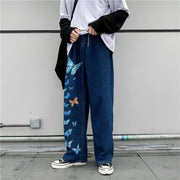 Butterfly print street denim trousers