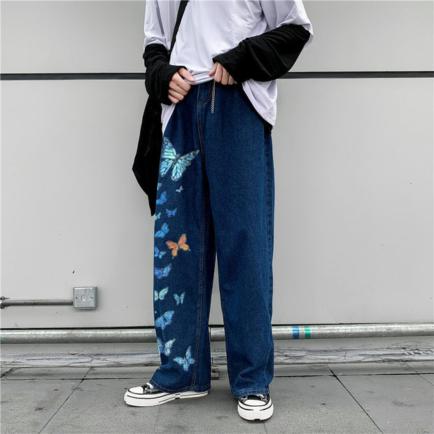 Butterfly print street denim trousers