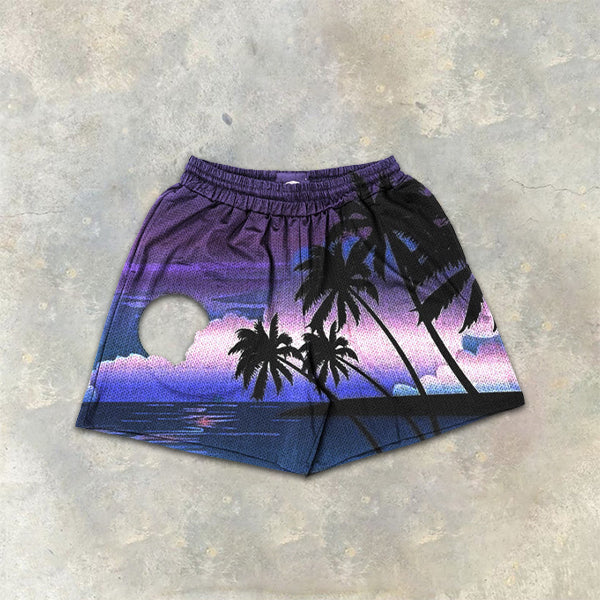 Scenic print elastic shorts
