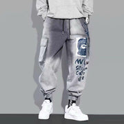 Multi-pocket tooling jeans men's trendy brand gradient trousers loose casual boys tie pants