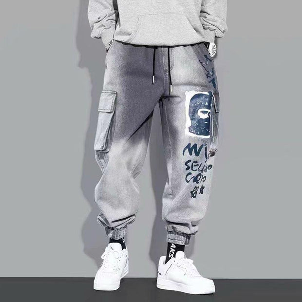 Multi-pocket tooling jeans men's trendy brand gradient trousers loose casual boys tie pants