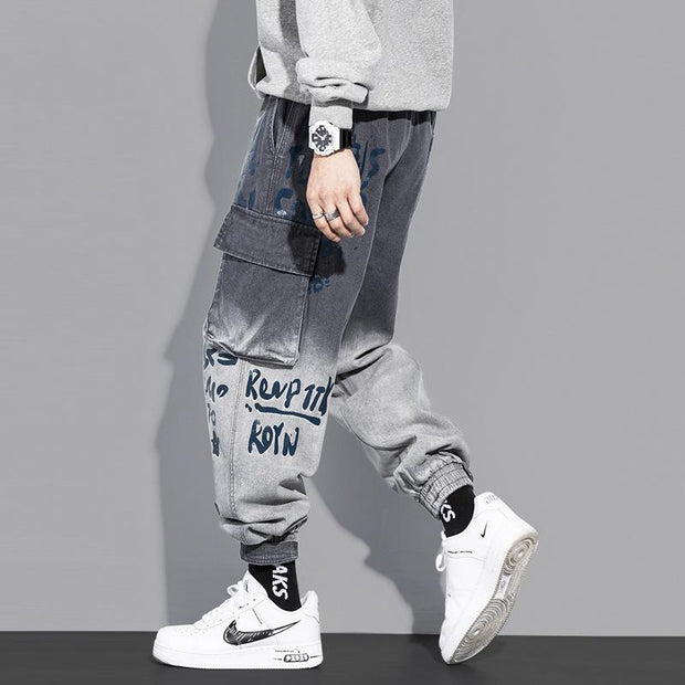 Multi-pocket tooling jeans men's trendy brand gradient trousers loose casual boys tie pants