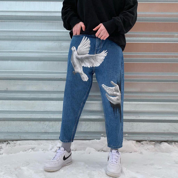 Plaid Personalized Print Fashion Loose Jeans