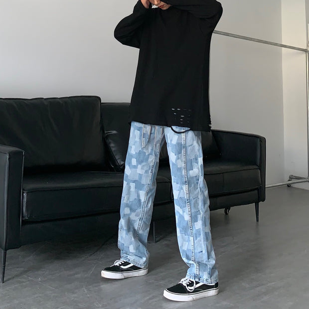 Personality high street straight wide leg pants casual loose high waist wild hip-hop washed denim trousers for men and women