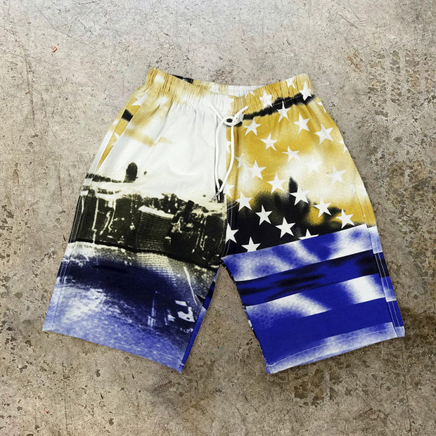 Casual flag print shorts beach pants men's