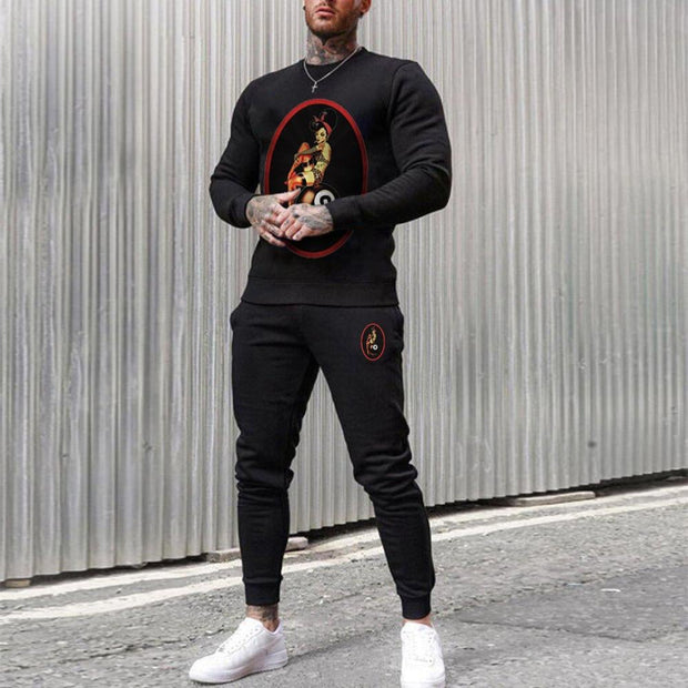 Casual Long Sleeve Round Neck Sweatshirt Billiard Girl Printed Pants Set