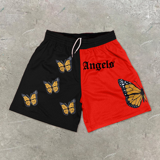 Stitching contrast retro butterfly print casual shorts