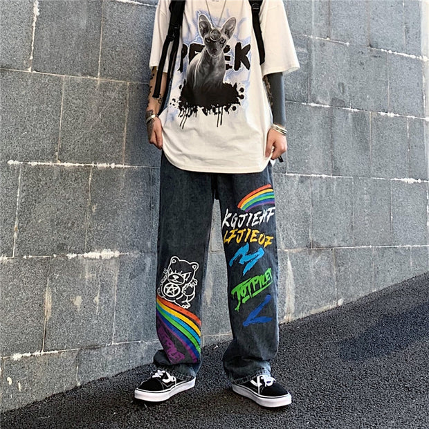 Graffiti rainbow letters printed jeans