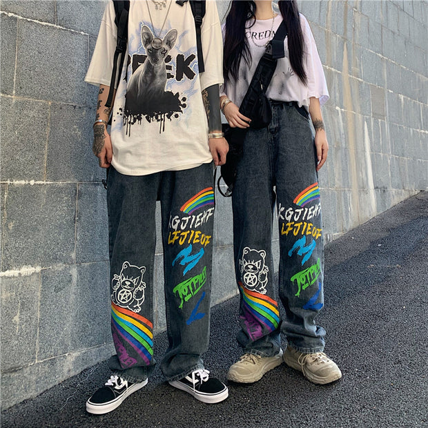 Graffiti rainbow letters printed jeans