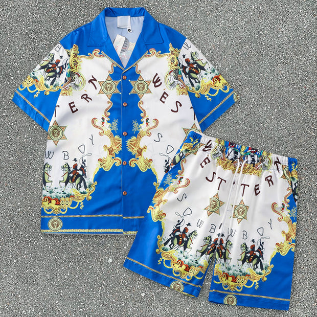 Palace style print tide brand short-sleeved shirt and shorts suit