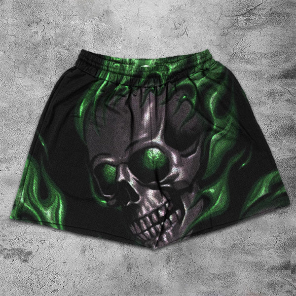 Skull and Flame Print Elastic Shorts
