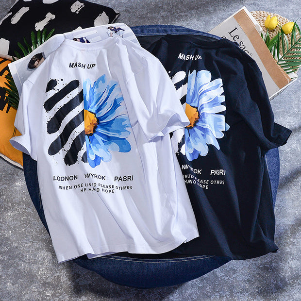 Loose cotton printed round neck short sleeves