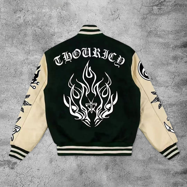 Casual dark skull flame baseball jacket