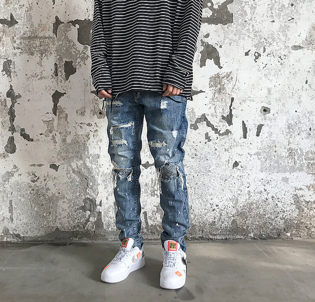 Vintage wash distressed straight ripped jeans