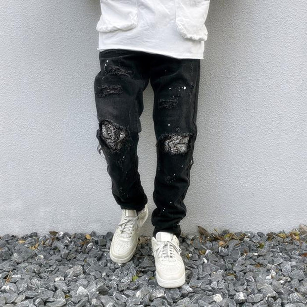 Vintage wash distressed straight ripped jeans