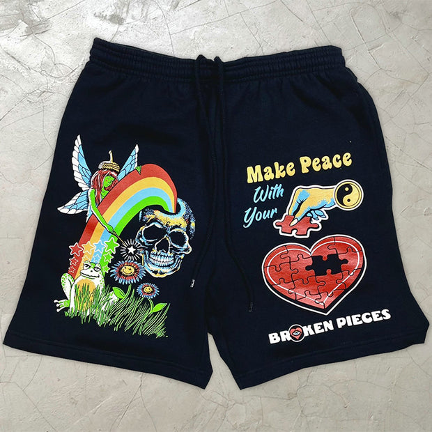 Individual jigsaw print elastic waist men's shorts