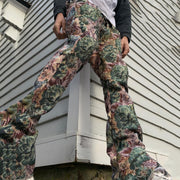 Retro green print street style straight-leg trousers