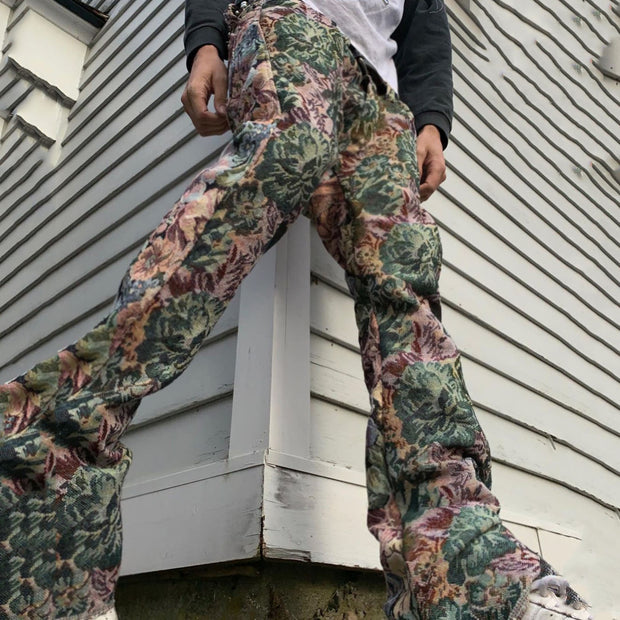 Retro green print street style straight-leg trousers
