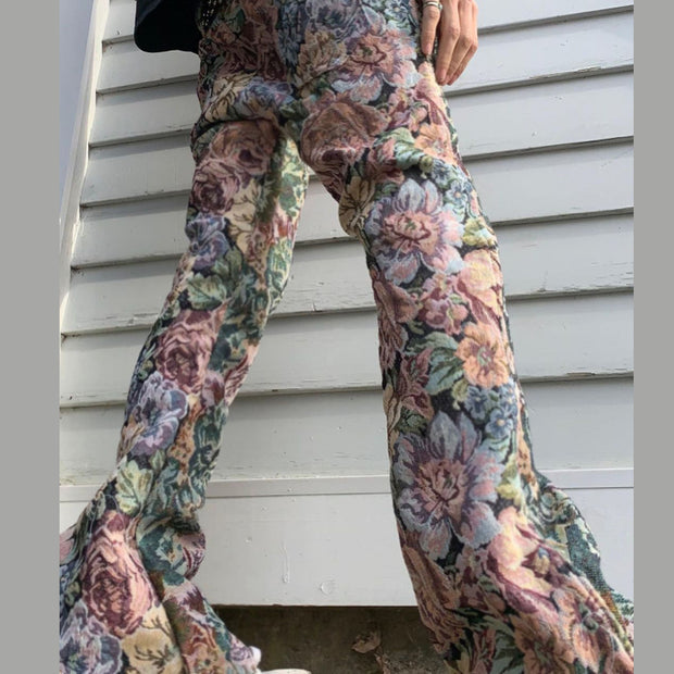 Retro green print street style straight-leg trousers