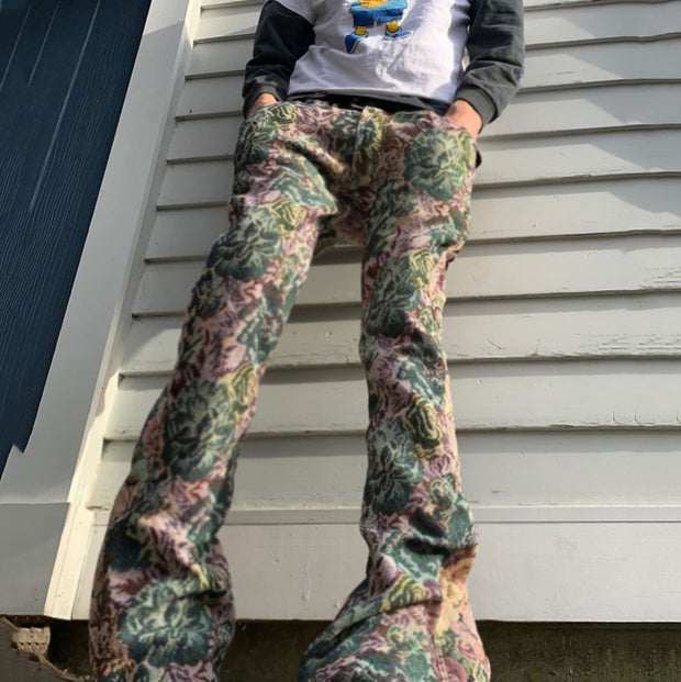 Retro green print street style straight-leg trousers