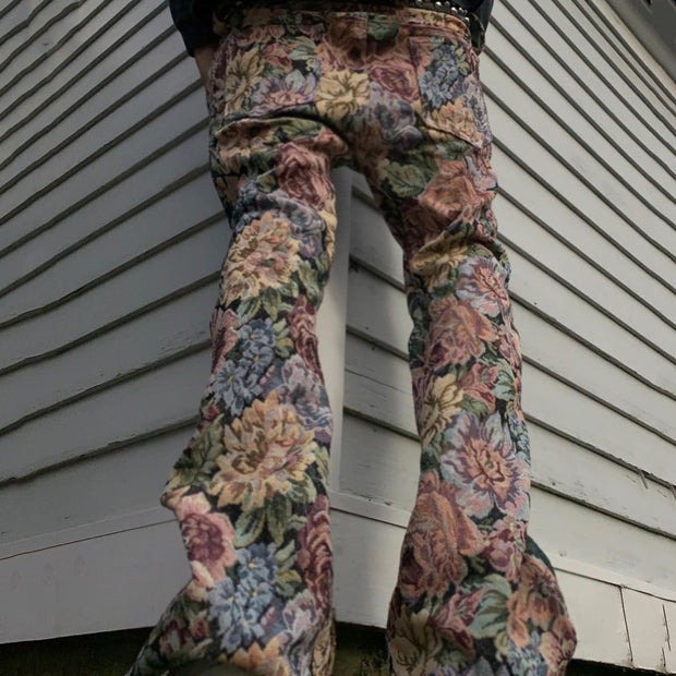 Retro green print street style straight-leg trousers
