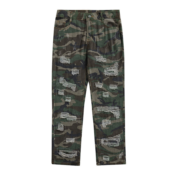 High street camouflage destruction design overalls street hole old washed loose straight denim trousers tide