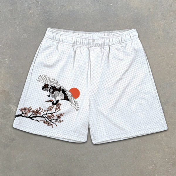 Sakura and Crane Graphic Print Elastic Shorts