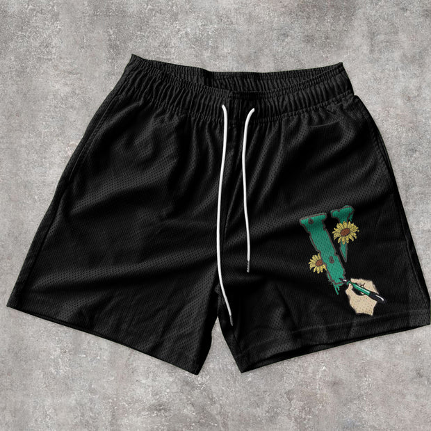 Retro fashion print hip-hop mesh shorts