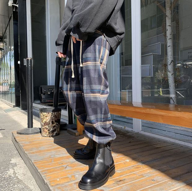 All-match Hong Kong-style casual loose-fit check pants